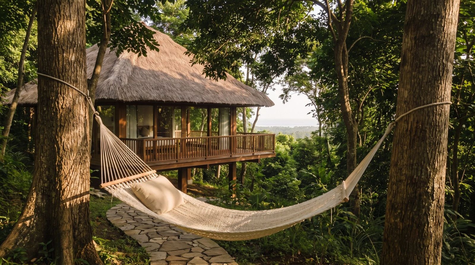 A forest home with a hammock