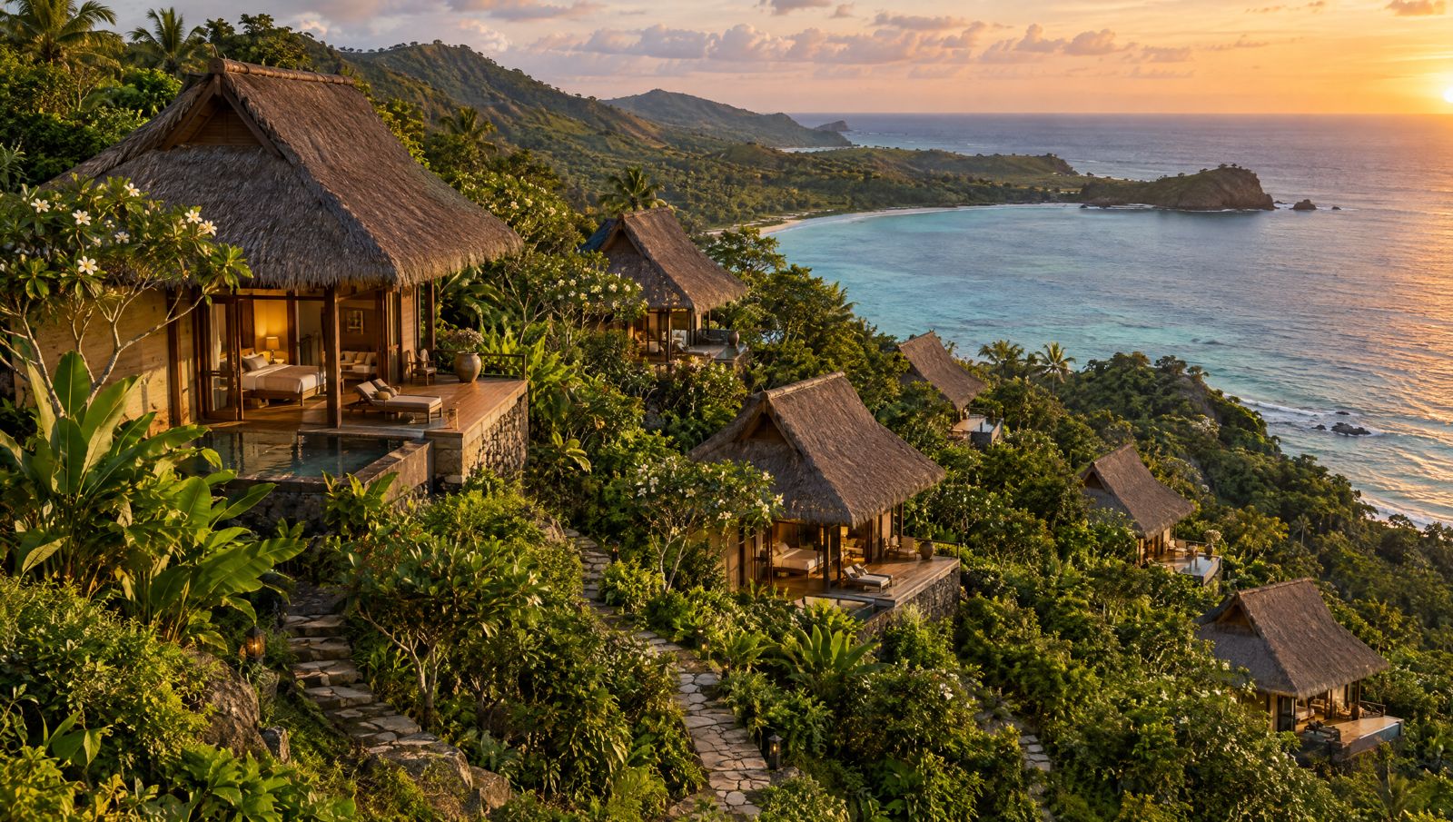 Dwellings stepping down the hillside toward the ocean