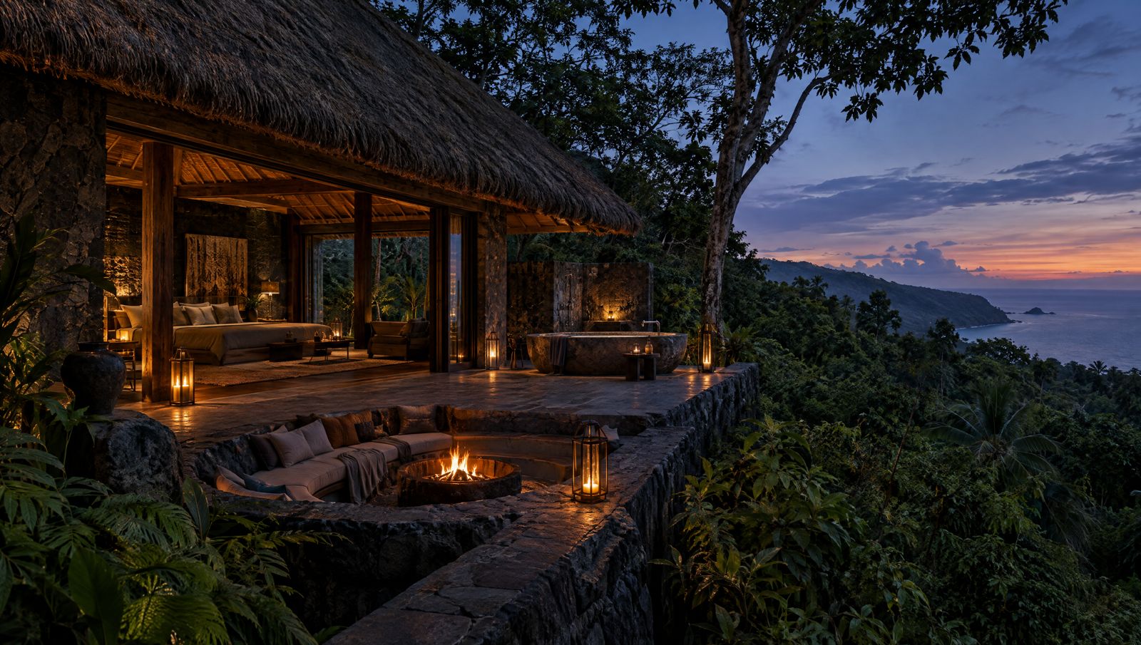 Eco-luxury suite at dusk