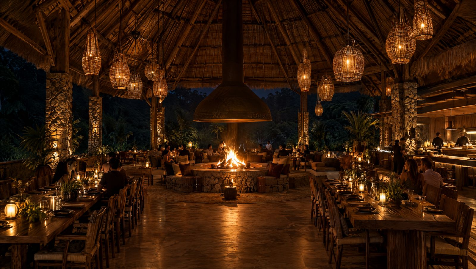 Lodge and restaurant around a central fire hearth