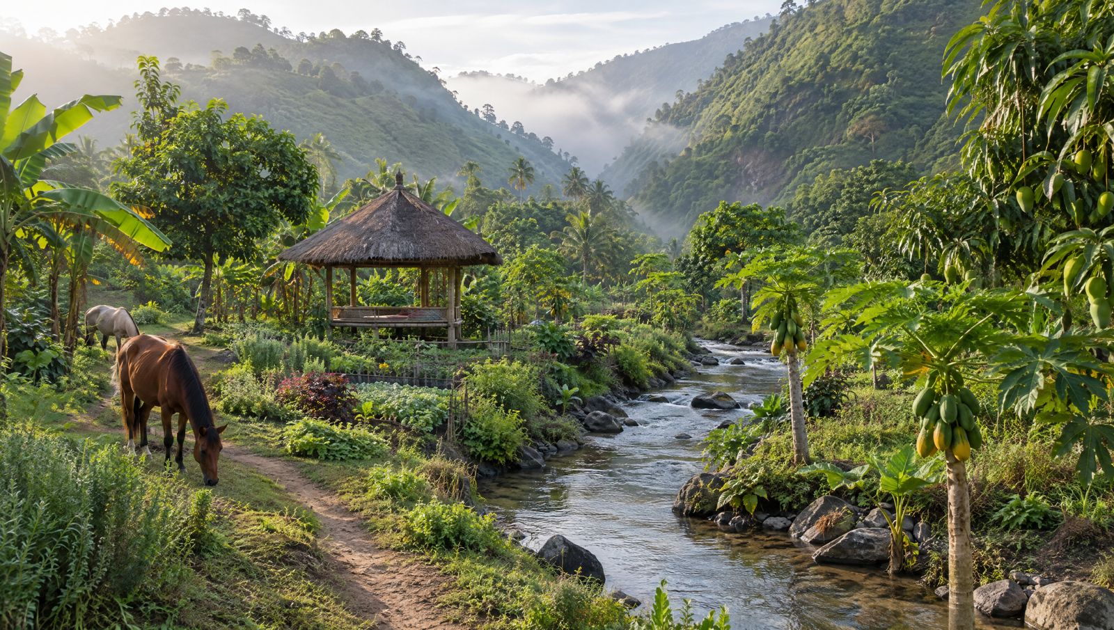 River valley with food forest, berugak and horse trail