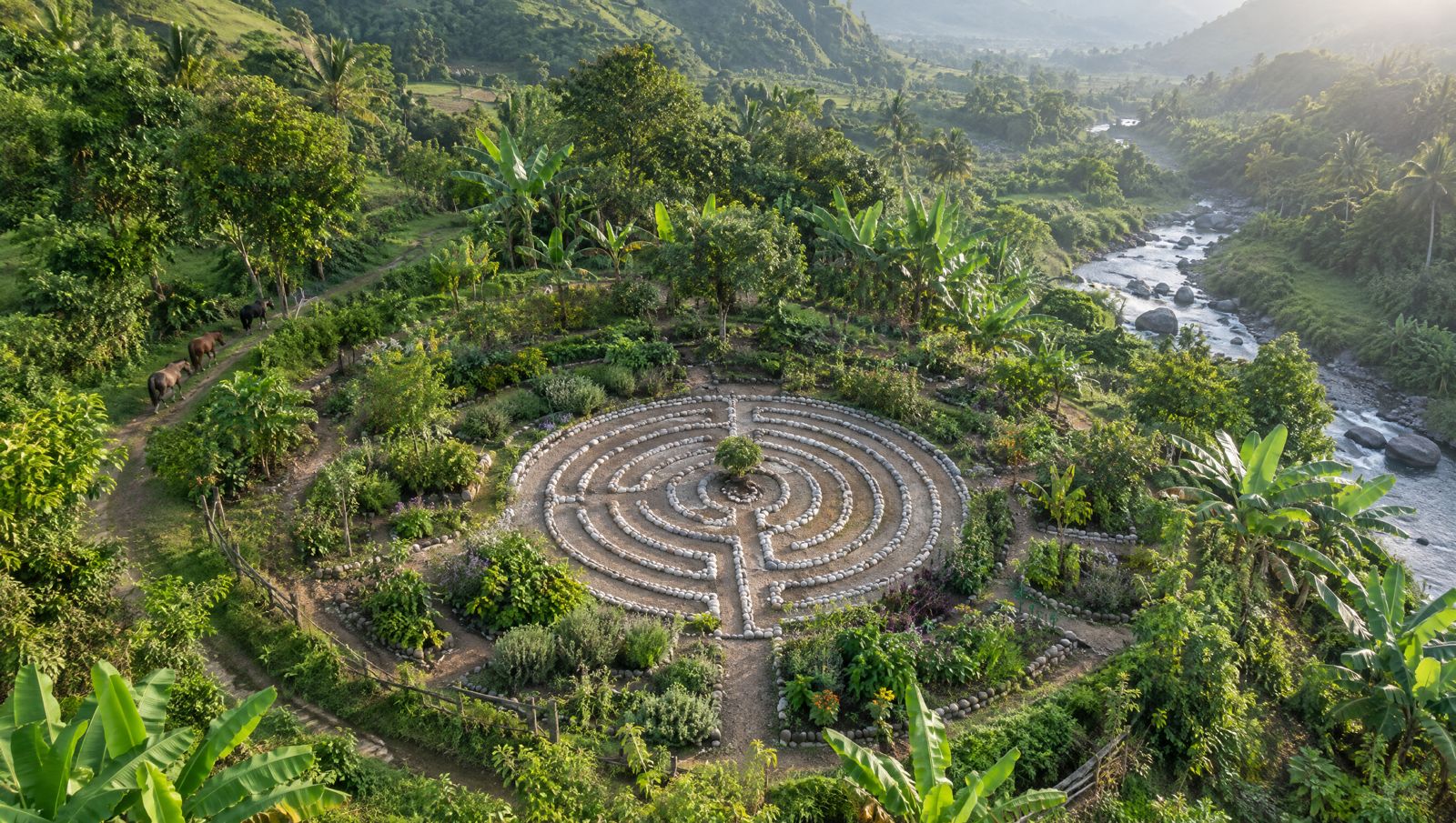Stone labyrinth in a ring of herbal gardens