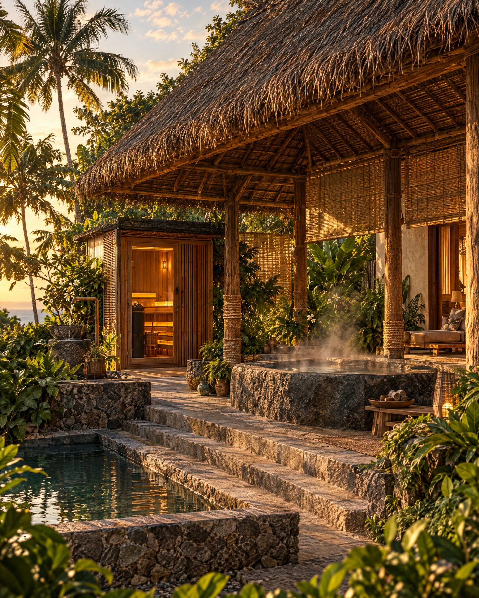 The bathhouse: timber sauna, stone cold plunge, mineral bath