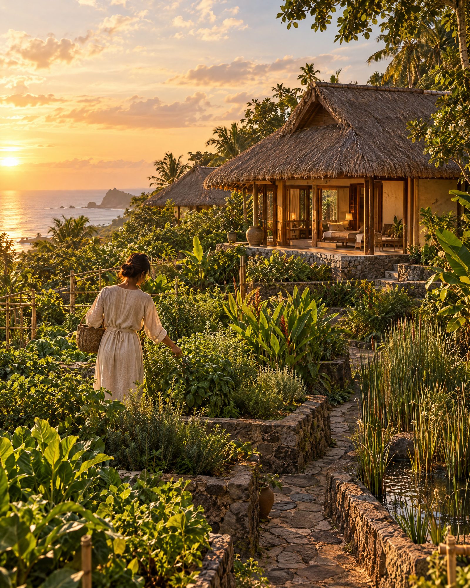 Kitchen garden of herbs, greens and jamu roots beside the villa