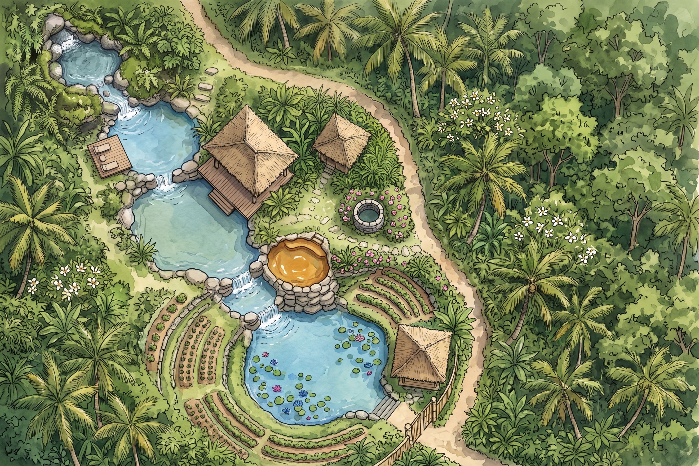 Illustrated plan of the spring valley: stone pools stepping down through jungle to a blue lotus pond, with thatched pavilions, a well, herb terraces and a walking trail
