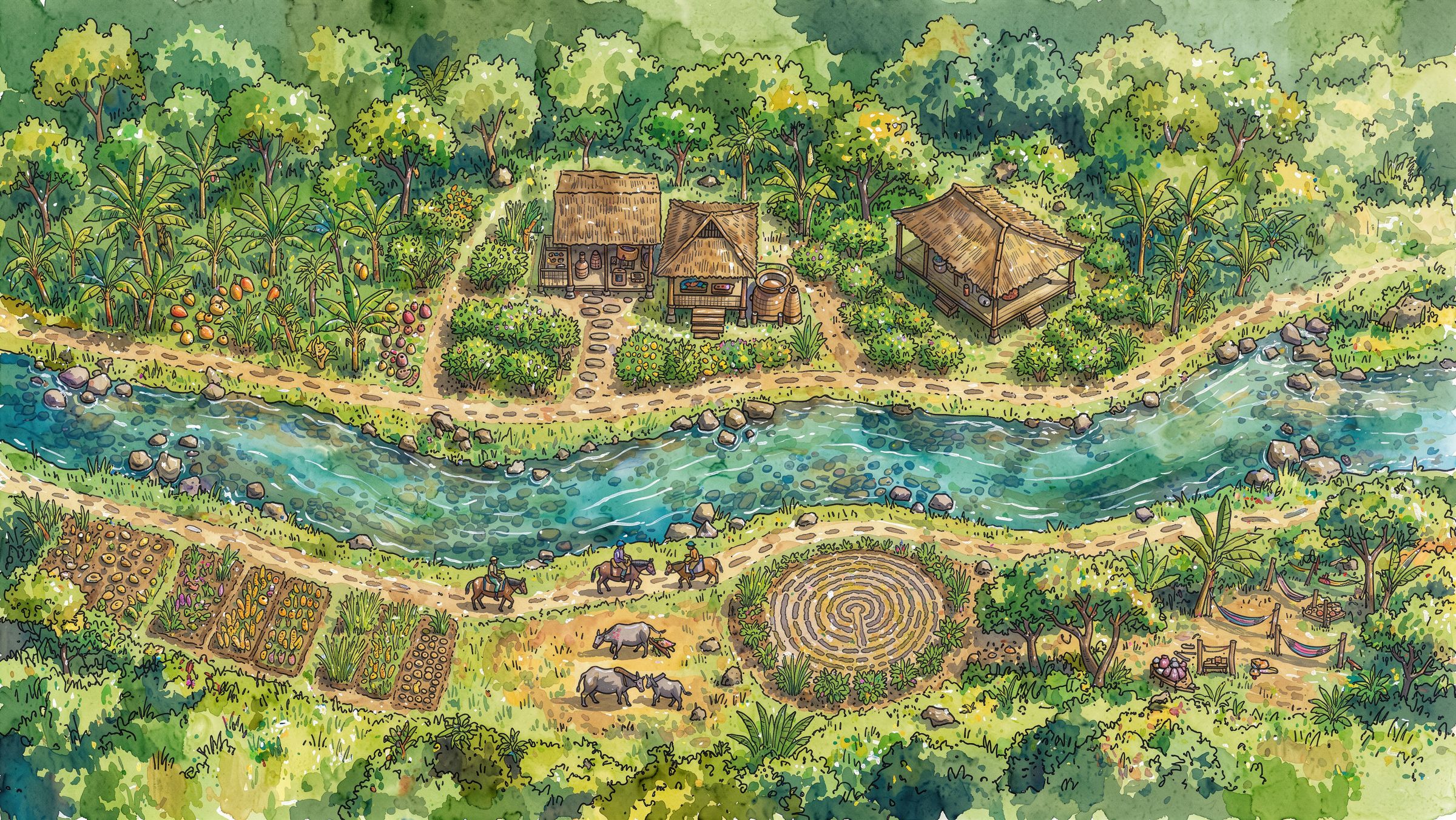 Illustrated plan of the valley floor: the river winding through, a food forest, clay studio and berugak on the upper bank, horse riders, herb gardens, buffalo, a stone labyrinth and hammocks on the lower bank
