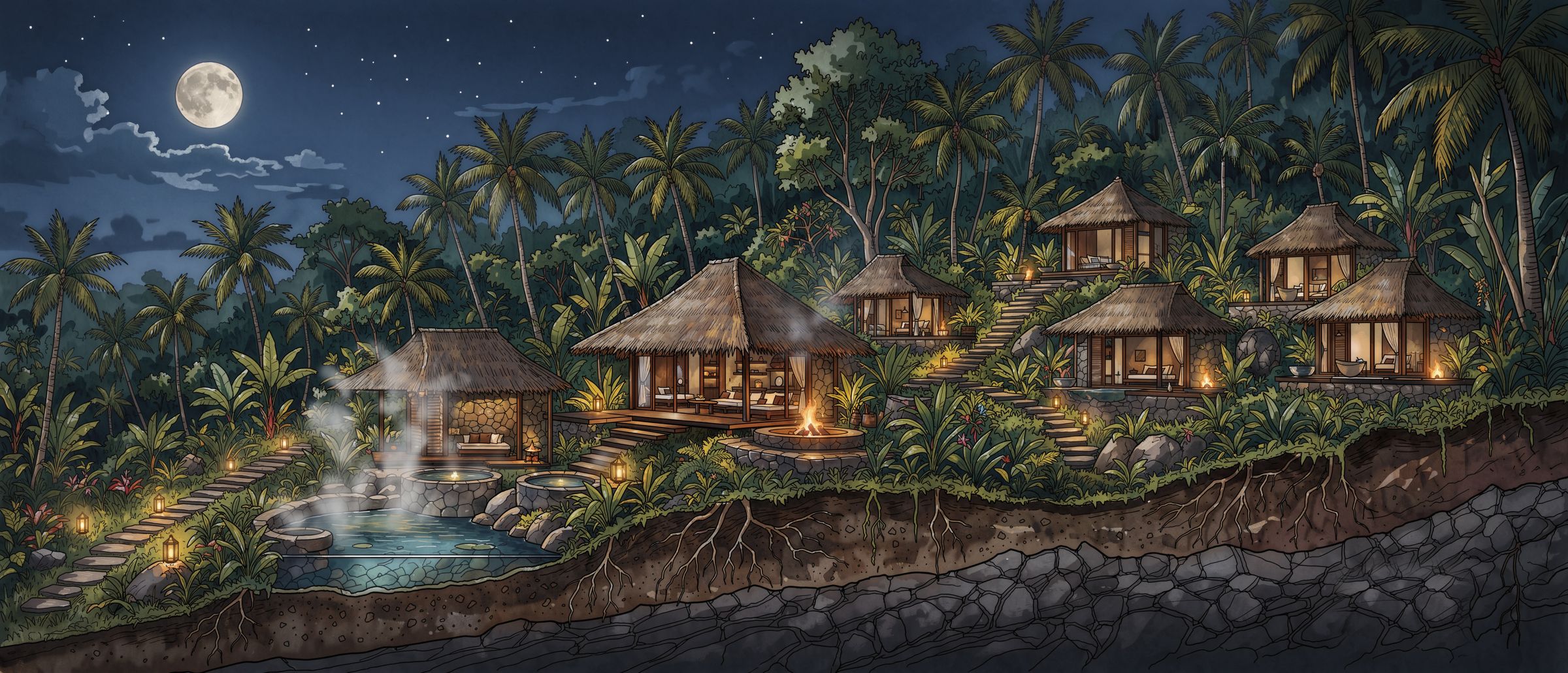 Concept section of the Wildfire Resort at night: a lantern path, a steaming stone bathhouse, the thatched lodge around its hearth, and suites stepping up the hill into the jungle under a full moon