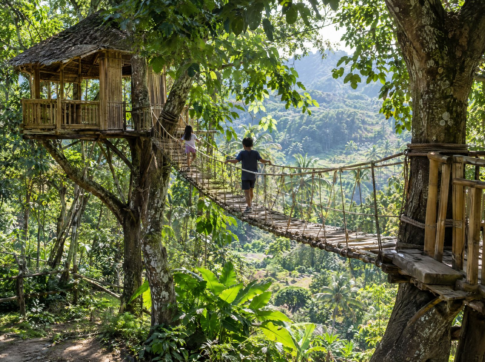 Children crossing a rope bridge to a bamboo treehouse